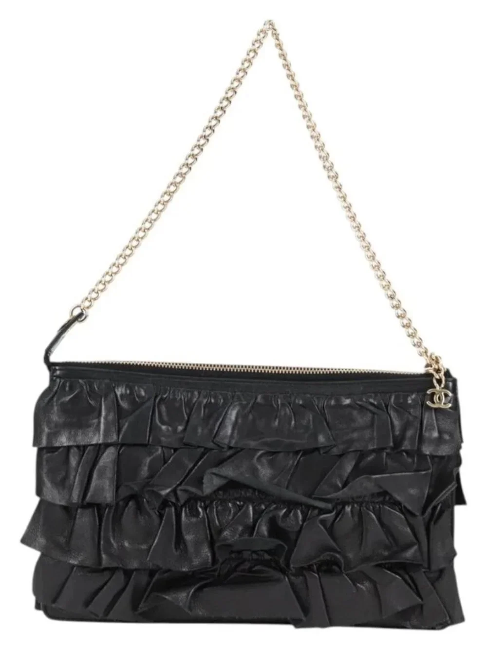 CHANEL Chain Gathered Hand Bag Lamb Skin Black Gold CC Auth yk18016M